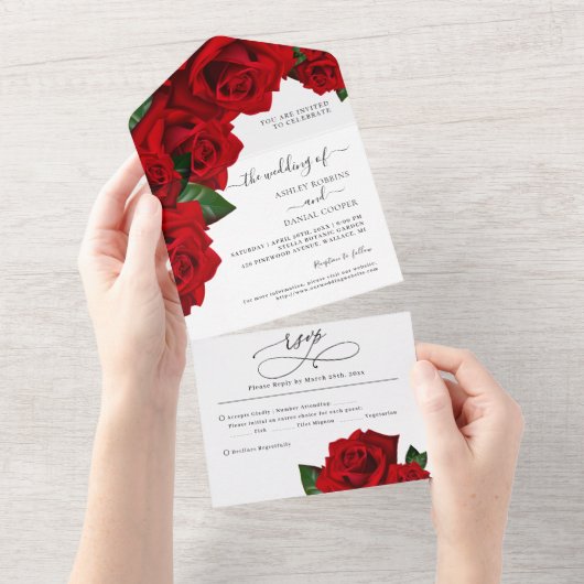 Red Love Rozen Wedding All In One Uitnodiging (Afscheurbaar)
