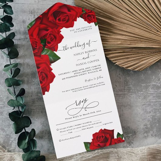 Red Love Rozen Wedding All In One Uitnodiging