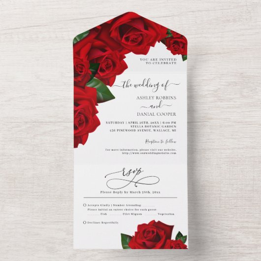 Red Love Rozen Wedding All In One Uitnodiging (Binnen)