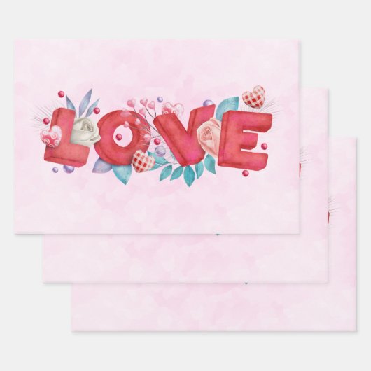 Red Love Text in Bold Block Font Waterverf Inpakpapier Vel (Set)