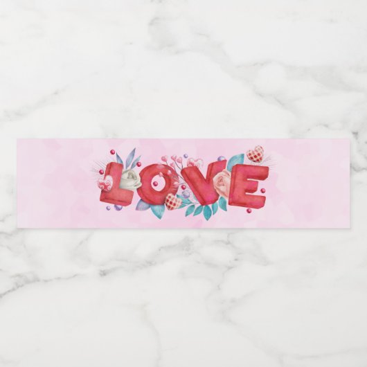 Red Love Text in Bold Block Letters Waterfles Etiket (Enkel label)