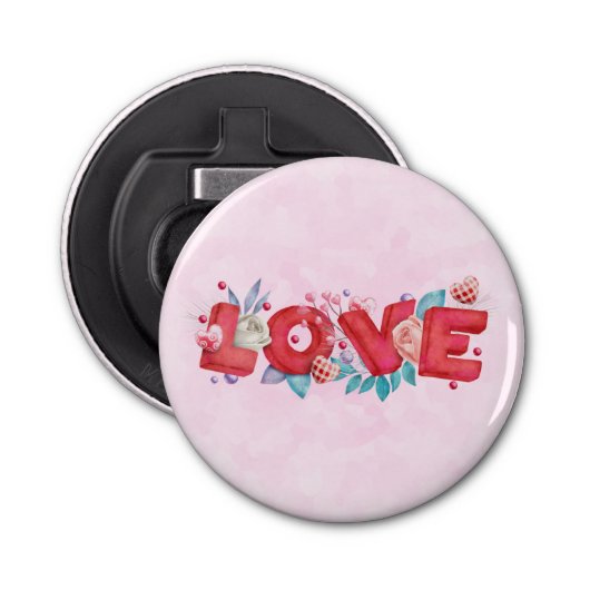 Red Love Text in Bold Block Letters Waterverf Button Flesopener (Voorkant)