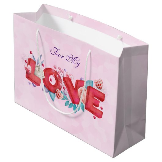 Red Love Text in Bold Block Letters Waterverf Groot Cadeauzakje (Achterkant Gekanteld)