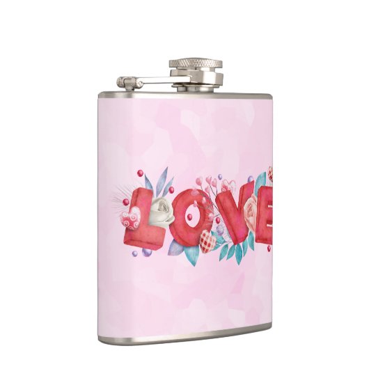 Red Love Text in Bold Block Letters Waterverf Heupfles (Rechts)