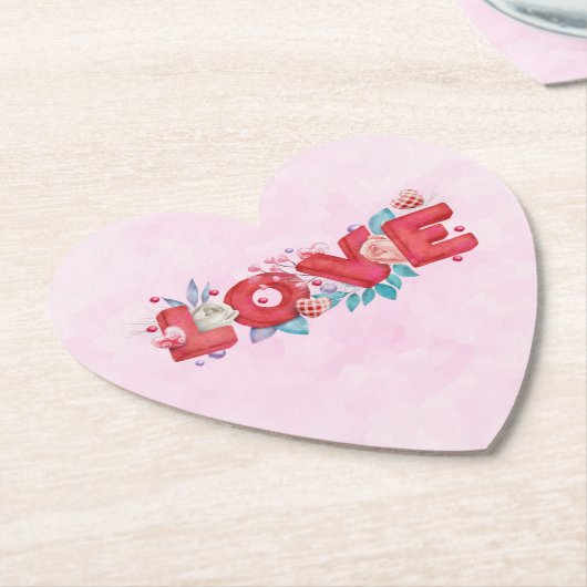 Red Love Text in Bold Block Letters Waterverf Kartonnen Onderzetters (Gekanteld)