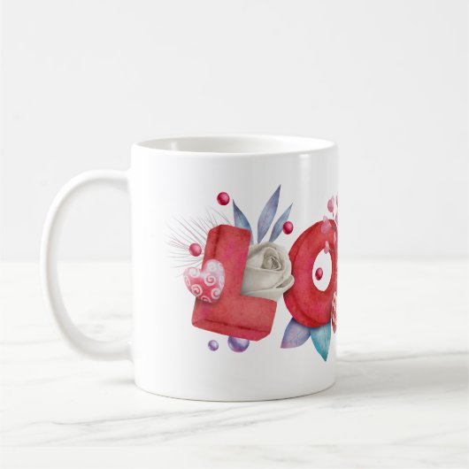 Red Love Text in Bold Block Letters Waterverf Koffiemok (Links)