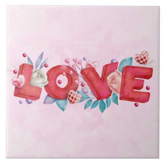 Red Love Text in Bold Block Letters Waterverf Tegeltje (Voorkant)