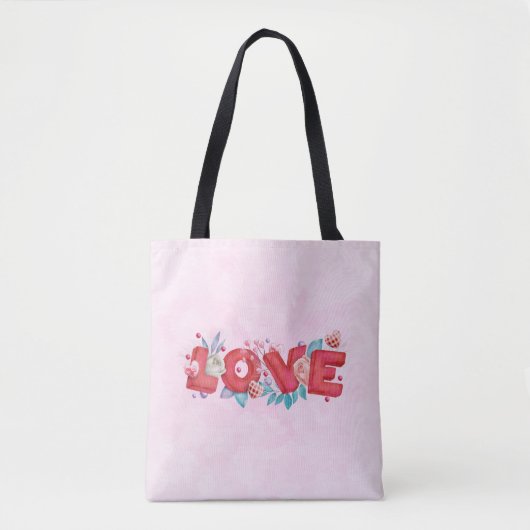 Red Love Text in Bold Block Letters Waterverf Tote Bag (Voorkant)