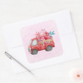 Red Love Truck met Heart Cargo Waterverf Vierkante Sticker (Envelop)