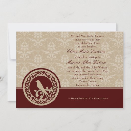 Red Lovebird Damask Wedding Invitation Kaart (Voorkant)