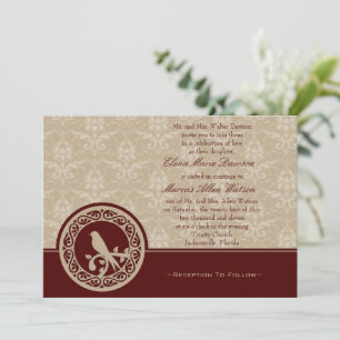 Red Lovebird Damask Wedding Invitation Kaart