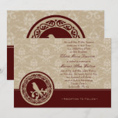 Red Lovebird Damask Wedding Invitation Kaart (Voorkant / Achterkant)