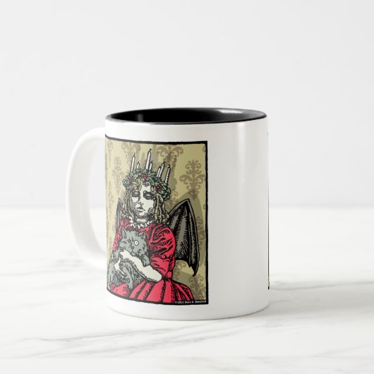 Red Lucia en Cat - Pop Gothic Holiday Surreal Tweekleurige Koffiemok (Voorkant links)