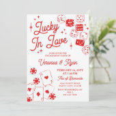 Red Lucky In Love Dice & Cards Engagement Party Kaart (Staand voorkant)
