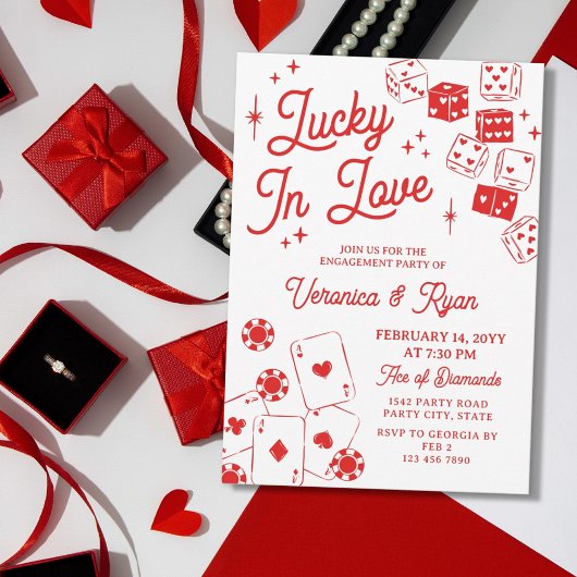 Red Lucky In Love Dice & Cards Engagement Party Kaart