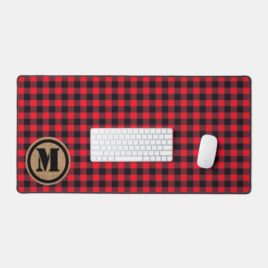 Red Lumberjack Buffel Plaid en Burlap Monogram Bureaumat (Keyboard & Muis)