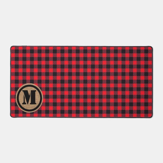 Red Lumberjack Buffel Plaid en Burlap Monogram Bureaumat (Voorkant)