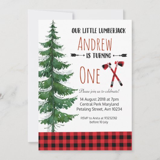 Red Lumberjack First Birthday Party Invitation Kaart (Voorkant)