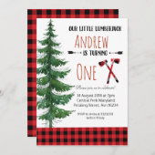 Red Lumberjack First Birthday Party Invitation Kaart (Voorkant / Achterkant)
