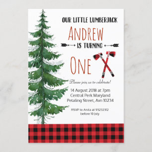 Red Lumberjack First Birthday Party Invitation Kaart