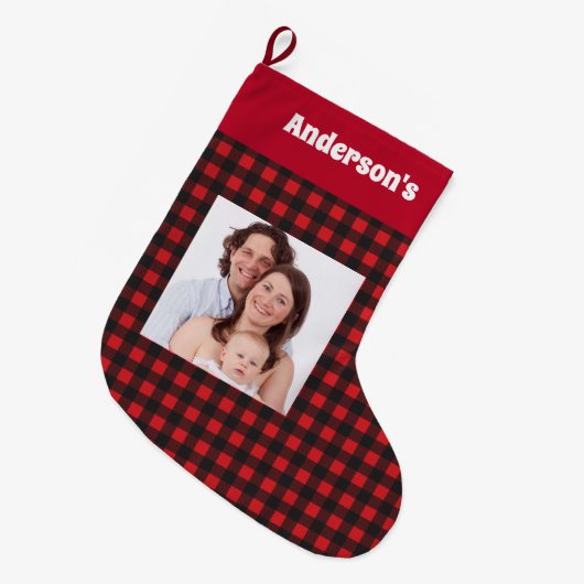 Red Lumberjack Pattern Familie Foto Naam Grote Kerstsok (Voorkant (Hangend))