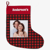 Red Lumberjack Pattern Familie Foto Naam Grote Kerstsok (Voorkant)