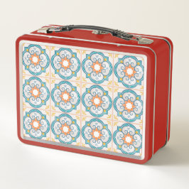 Red lunchbox with a vintage floral tile pattern 