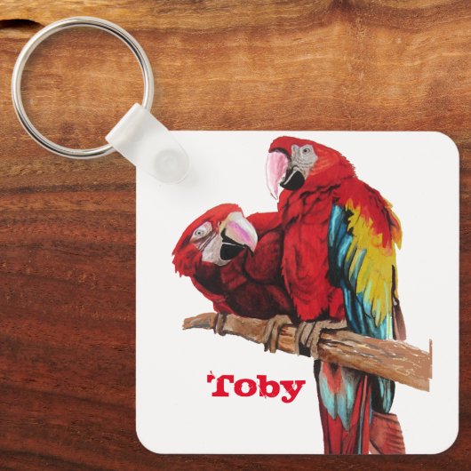 Red Macaw Parrot Waterverf Sleutelhanger (Voorkant)