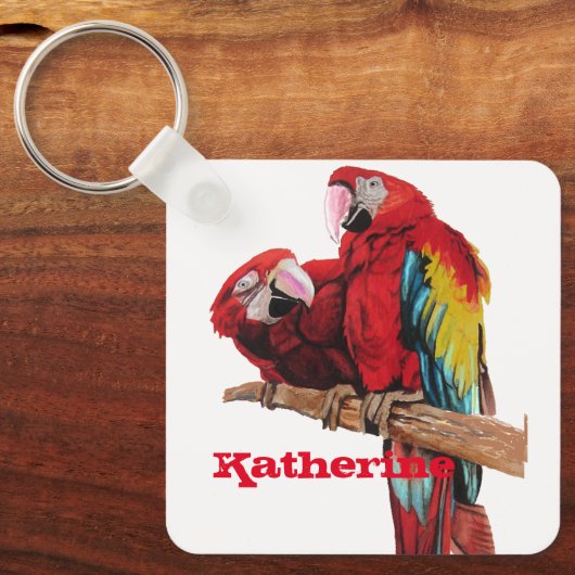 Red Macaw Parrot Waterverf Sleutelhanger (Voorkant)