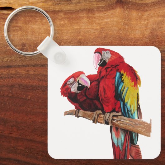 Red Macaw Parrot Waterverf Sleutelhanger (Voorkant)