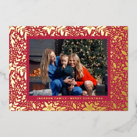 RED Magenta GOLD Botanical Lijst Folie Feestdagenkaart (Voorkant)