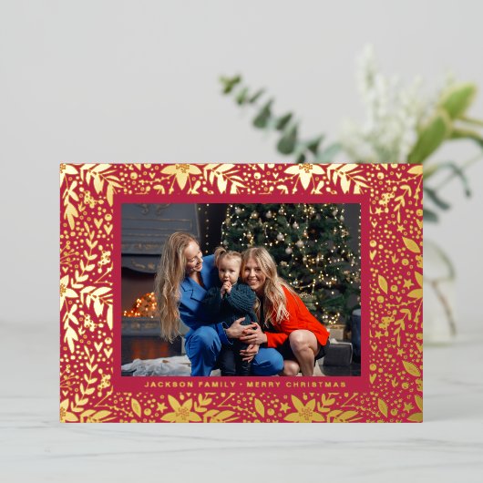 RED Magenta GOLD Botanical Lijst Folie Feestdagenkaart (Staand Voorkant)