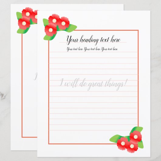 Red Magnolia Floral Lined Schrijfpapier (Voorkant / Achterkant)