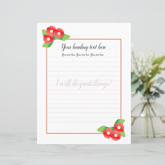 Red Magnolia Floral Lined Schrijfpapier (Staand voorkant)