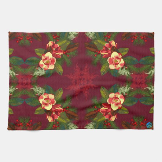Red Magnolia Floral Print Kitchen Towel Theedoek (Horizontaal)
