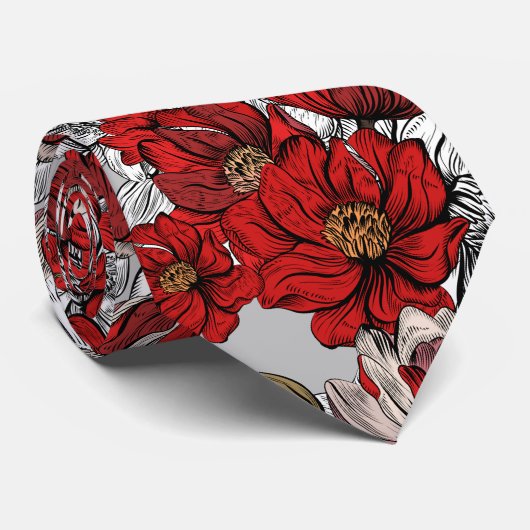 Red Magnolia Flower  Pattern Stropdas (Opgerold)