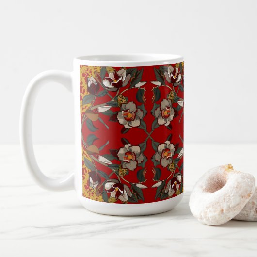 Red Magnolias on Red Background Koffiemok (Met donut)