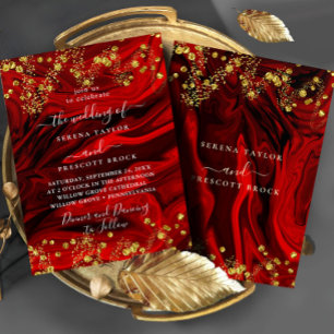 Red Marble Elegant Wedding Invitation Kaart