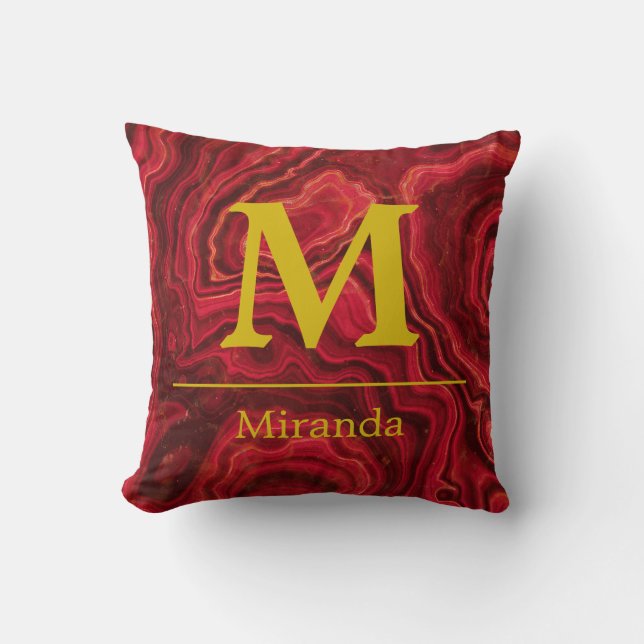Red Marble gold Monogram en Naam gepersonaliseerd Kussen (Voorkant)
