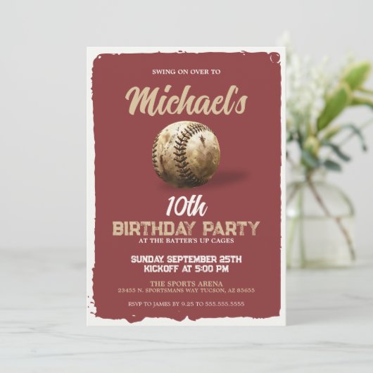  Red Maroon Baseball Theme Verjaardagsfeest Kaart (Staand voorkant)