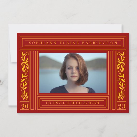 Red Maroon en Gold Afstuderen Foto Aankondiging (Voorkant)