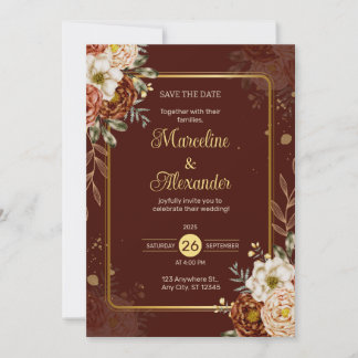 Red Maroon Gold Floral Elegant Wedding Invitation Kaart