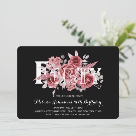 Red Maroon Groen Bloemen 40e Zwarte Verjaardag Kaart (Staand voorkant)