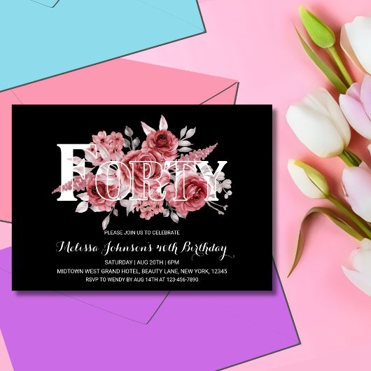 Red Maroon Groen Bloemen 40e Zwarte Verjaardag Kaart