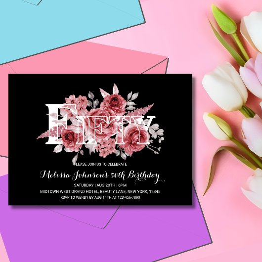 Red Maroon Groen Bloemen 50e Zwarte Verjaardag Kaart