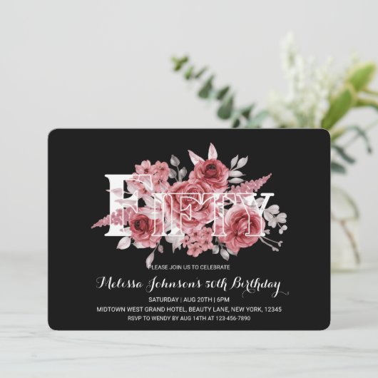 Red Maroon Groen Bloemen 50e Zwarte Verjaardag Kaart (Staand voorkant)