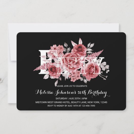 Red Maroon Groen Bloemen 50e Zwarte Verjaardag Kaart (Voorkant)