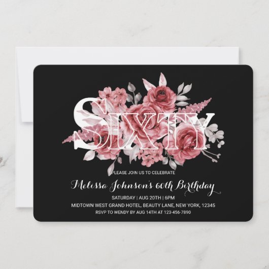 Red Maroon Groen Bloemen 60e Zwarte Verjaardag Kaart (Voorkant)