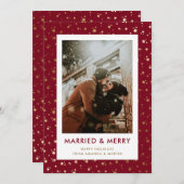 Red Married en Merry Pas getrouwd Foto Feestdagenkaart (Voorkant / Achterkant)