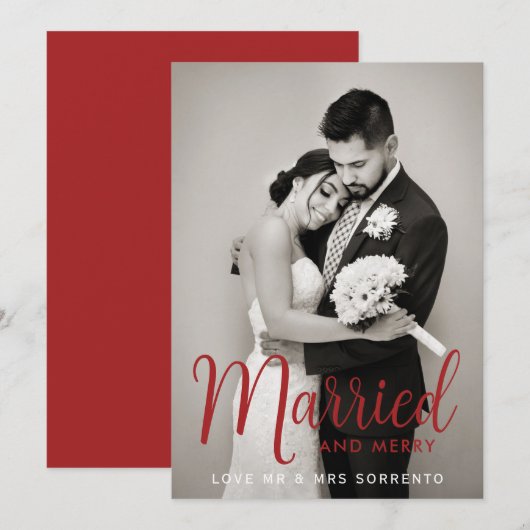 Red Married en Merry Pas getrouwd met kerstmis Feestdagenkaart (Voorkant / Achterkant)